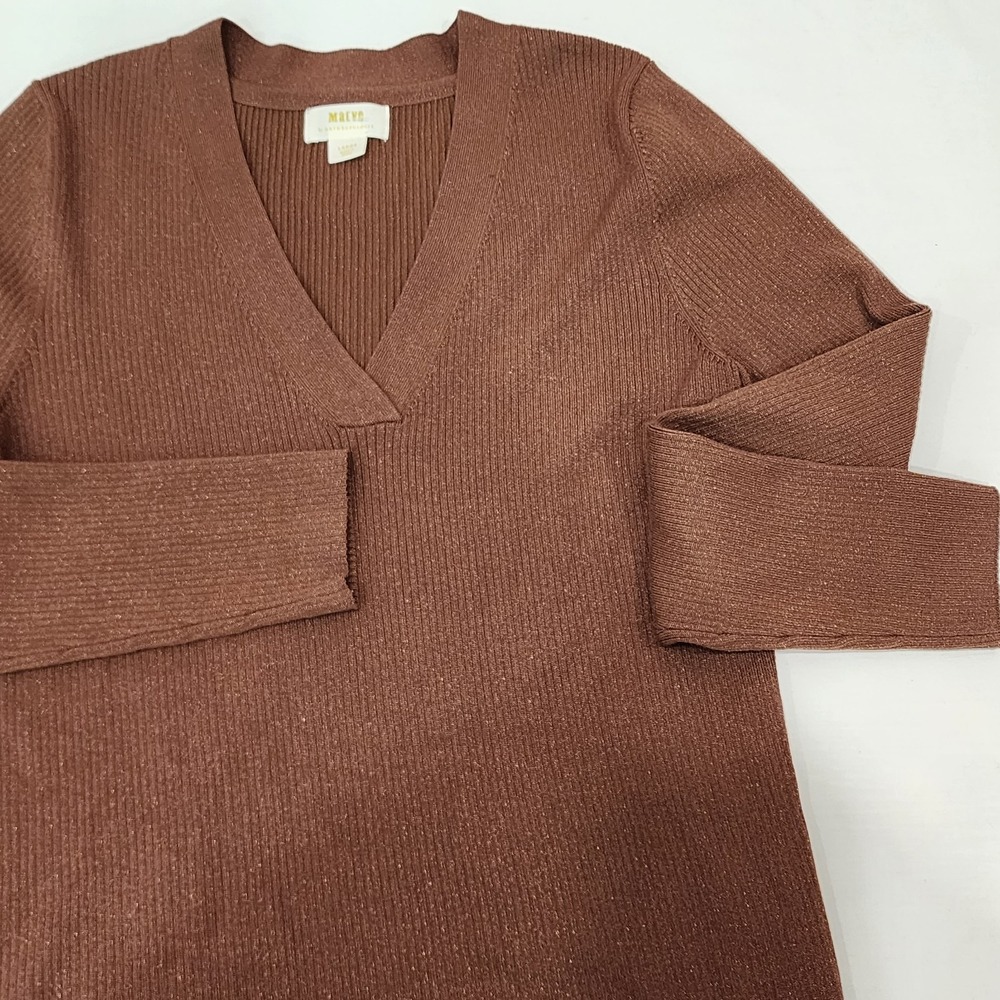 Anthropologie Maeve Thea V-neck Sweater Women's Sz. L Ribbed Metallic Brown